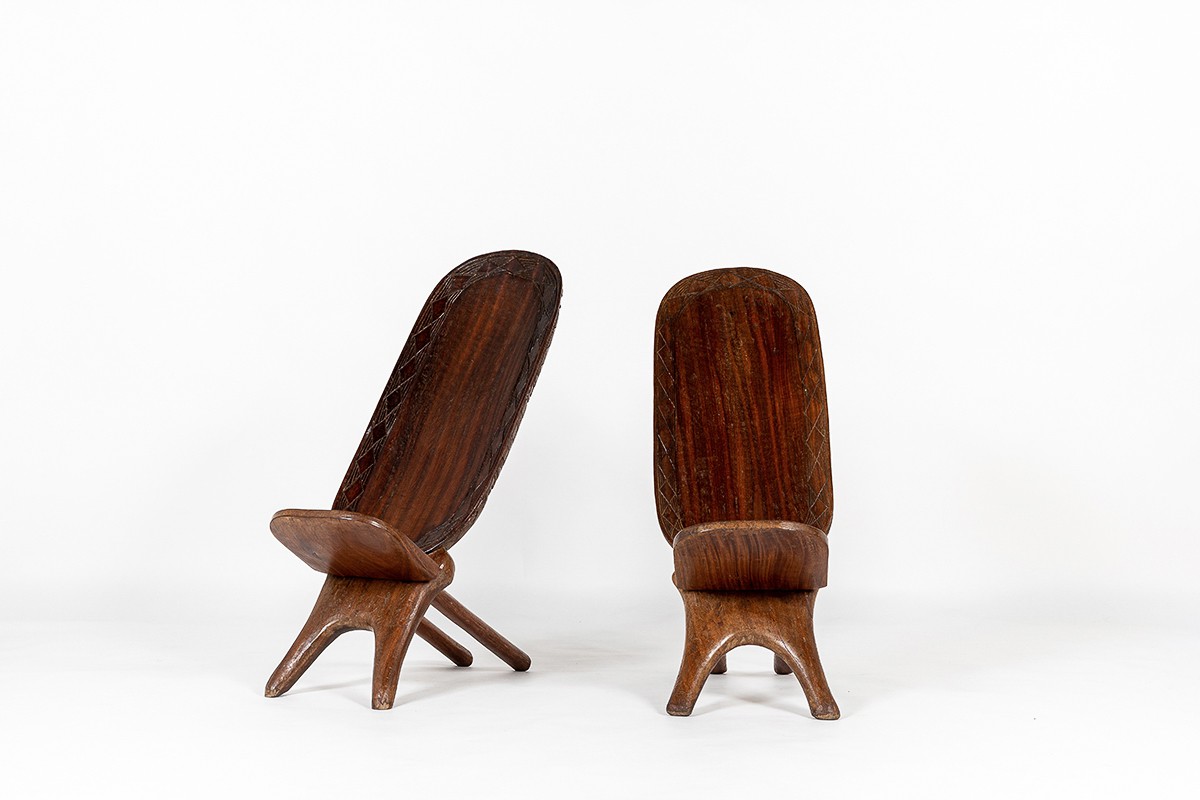 Palaver armchairs in wood African design 1950 set of 2