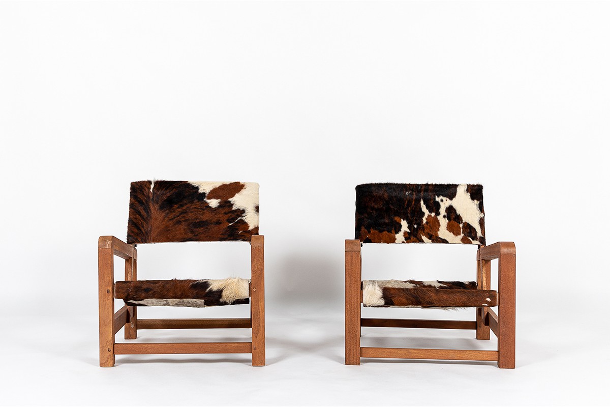 Armchairs in mahogany with cow skin fabric 1950 set of 2