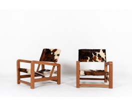 Fauteuils en acajou et peau de vache 1950 set de 2