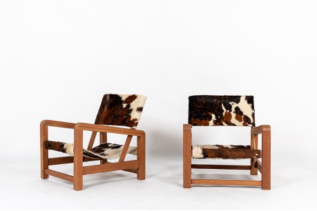 Armchairs in mahogany with cow skin fabric 1950 set of 2