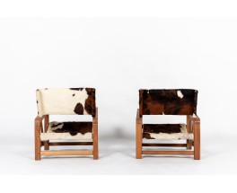 Fauteuils en acajou et peau de vache 1950 set de 2