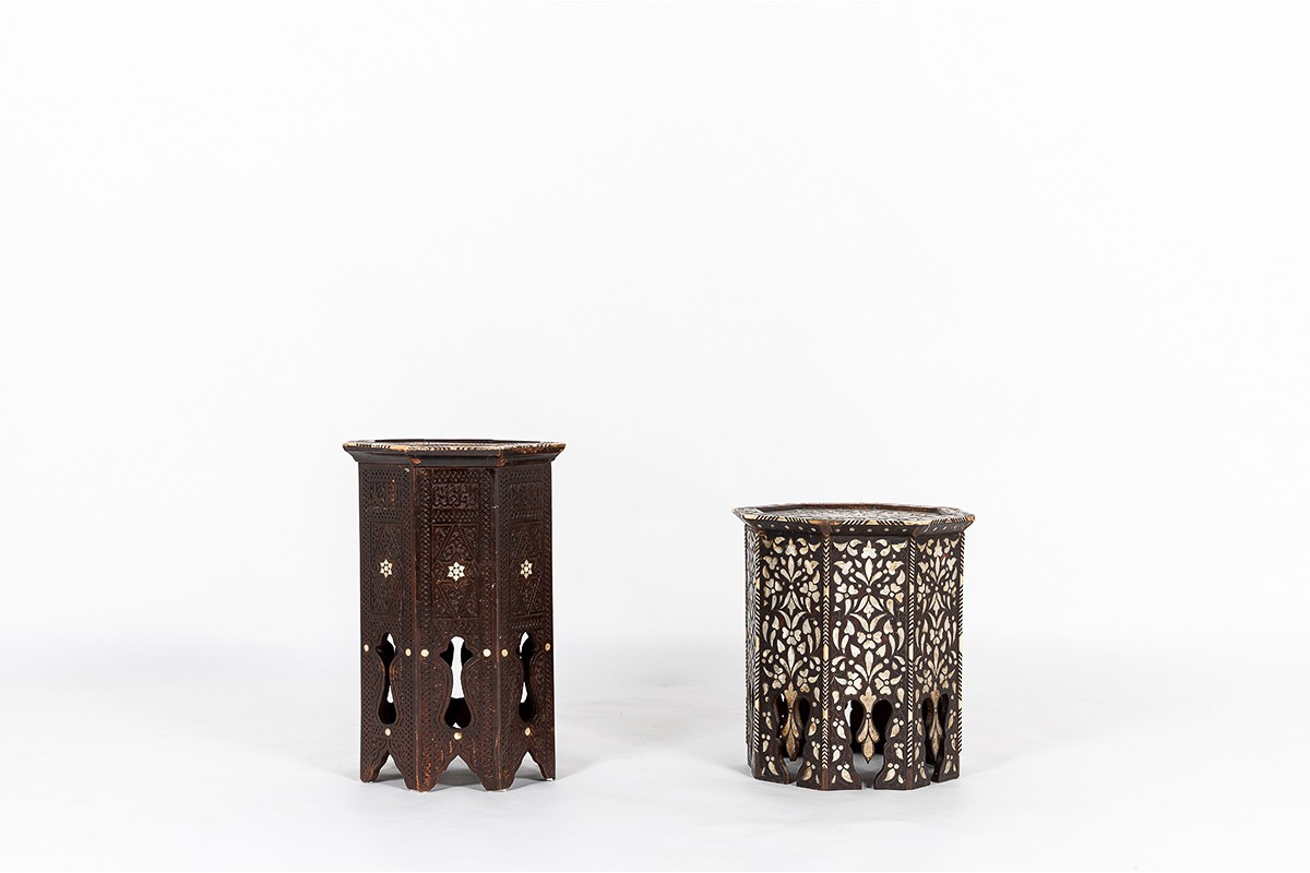 Stools in wood and mother-of-pearl Syrian design 1950