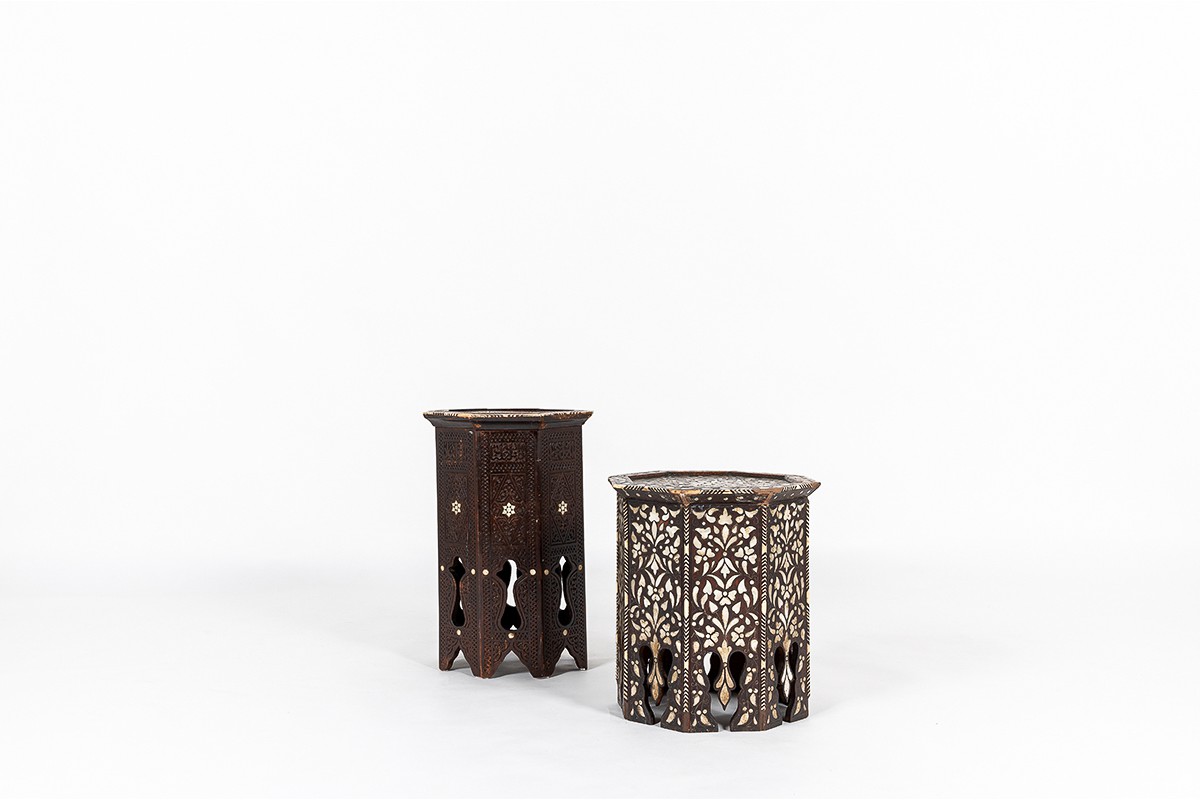 Stools in wood and mother-of-pearl Syrian design 1950