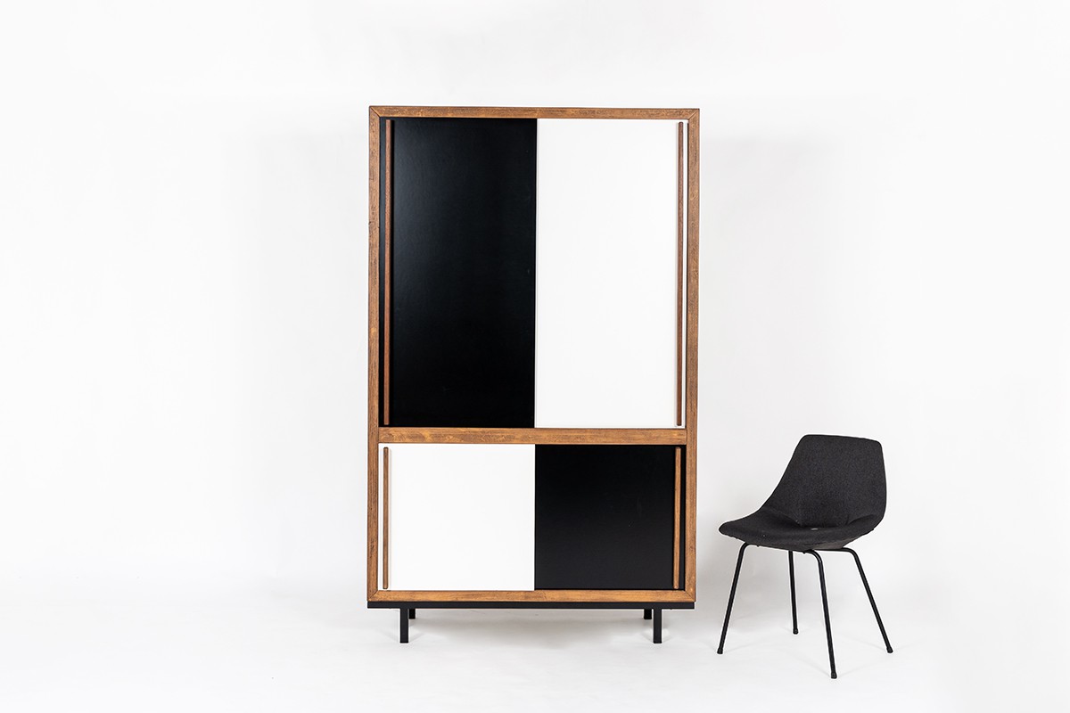Andre Sornay wardrobe in beech and black and white lacquer 1960