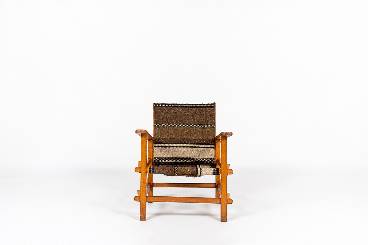Armchair in beech and kilim fabric 1950