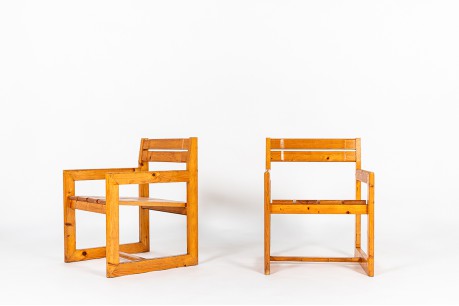 Fauteuils André Sornay en pin naturel 1960 set de 2
