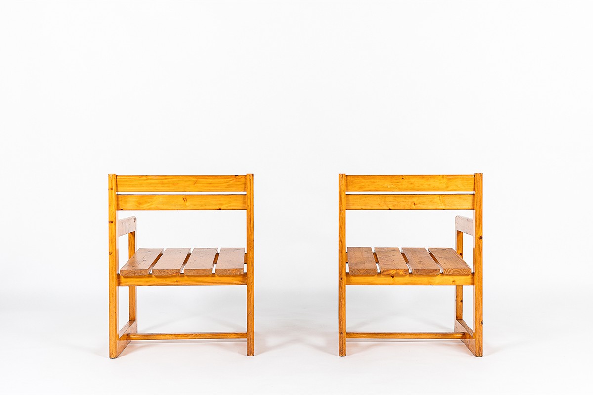 Andre Sornay armchairs in natural pine 1960 set of 2