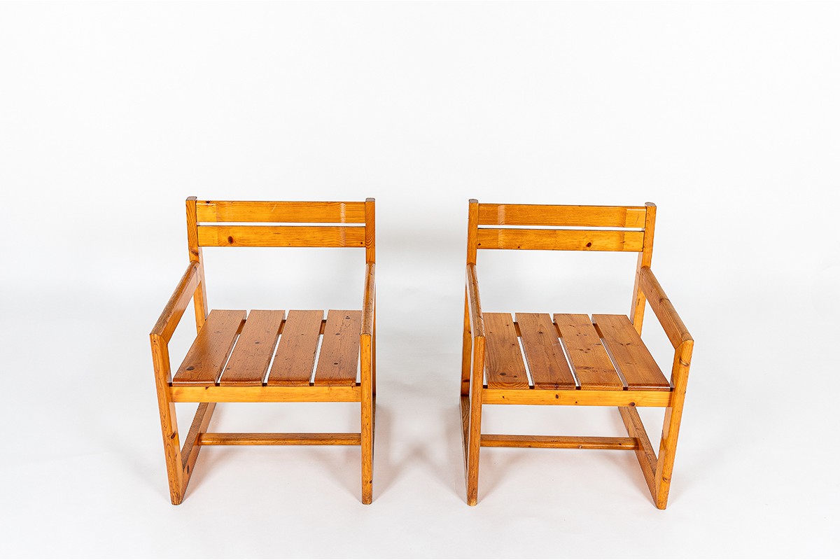 Andre Sornay armchairs in natural pine 1960 set of 2