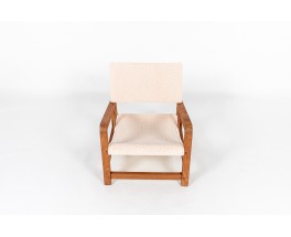 Armchair in mahogany and beige sheep fabric 1950