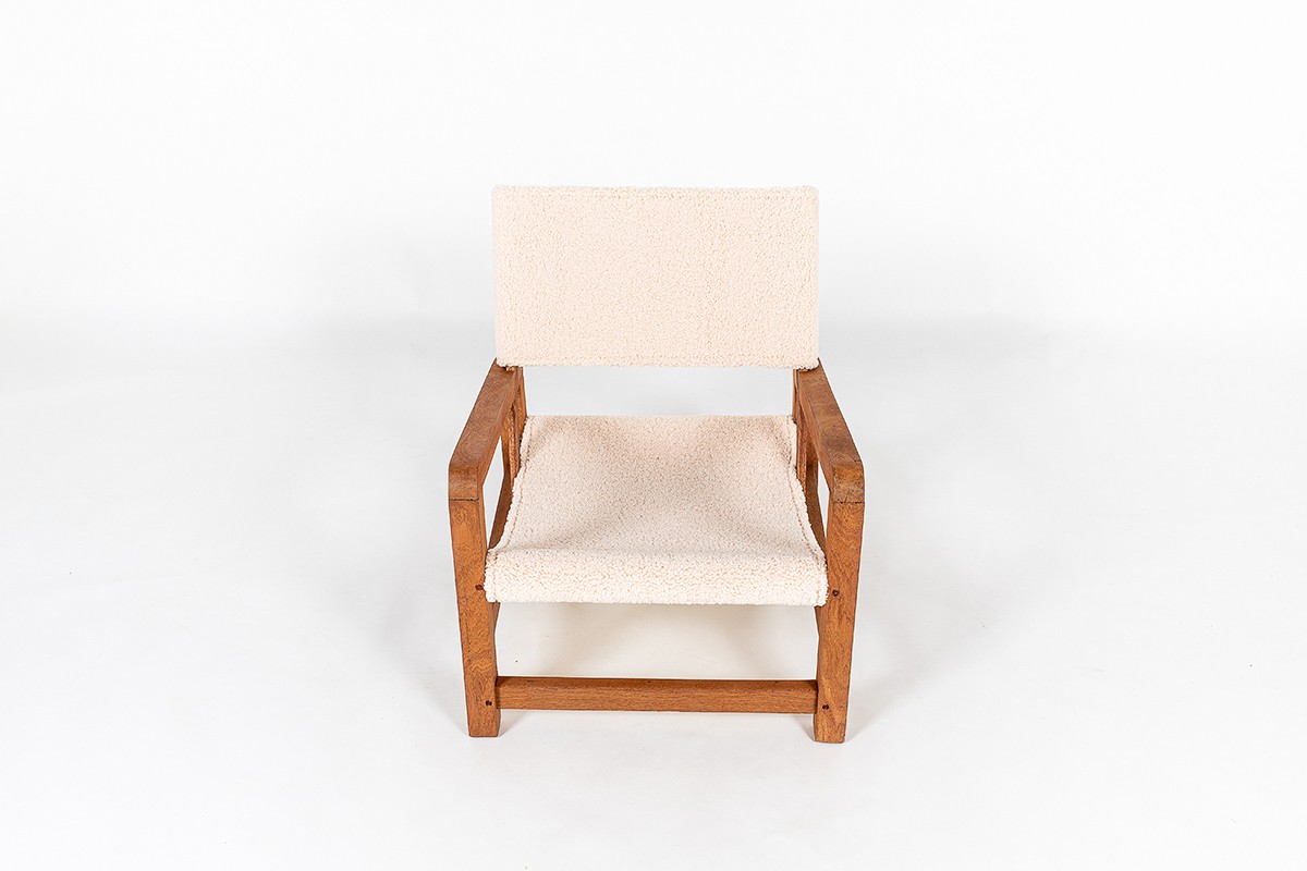 Armchair in mahogany and beige sheep fabric 1950