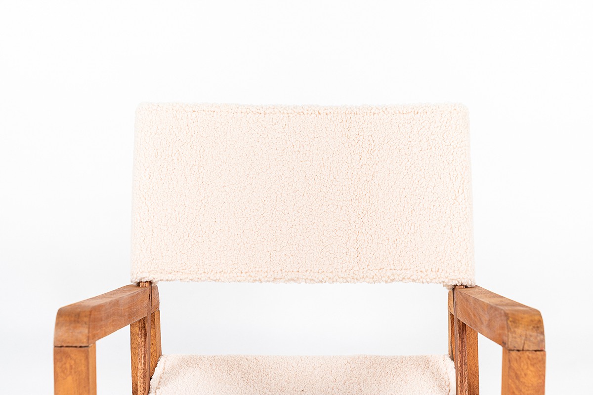 Armchair in mahogany and beige sheep fabric 1950