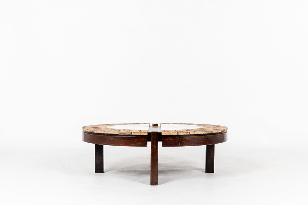 Roger Capron coffee table model Herbier oak and ceramic 1960
