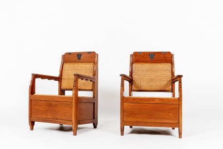 Fauteuils en teck et rotin design indien 1930 set de 2