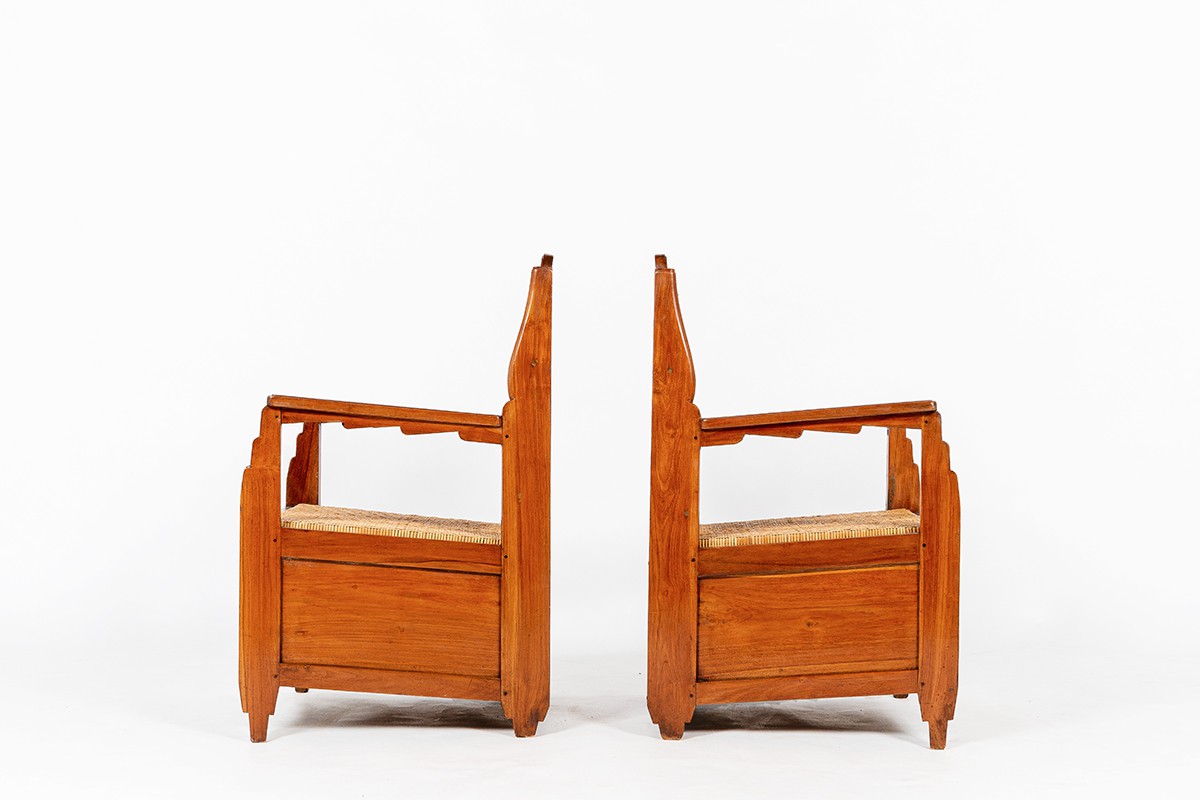 Armchairs in teak and rattan Indian design 1930 set of 2