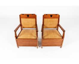 Armchairs in teak and rattan Indian design 1930 set of 2