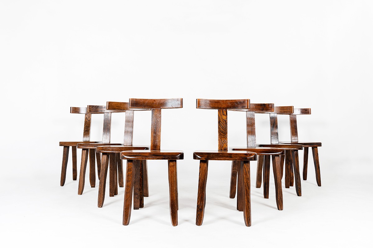 Chairs in walnut brutalist design 1950 set of 8