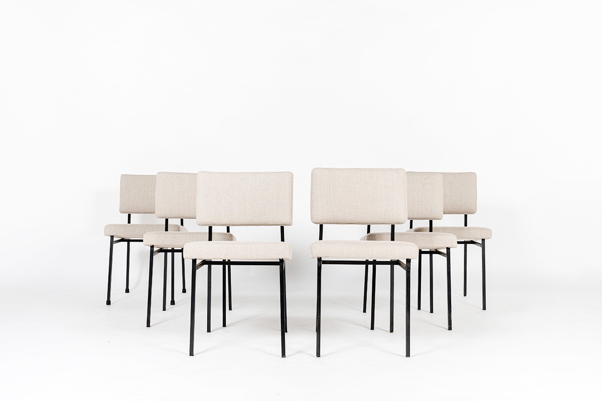 Gerard Guermonprez chairs beige linen fabric edition Magnani 1950 set of 6