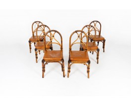 Chaises en rotin et coussin cuir marron 1950 set de 6