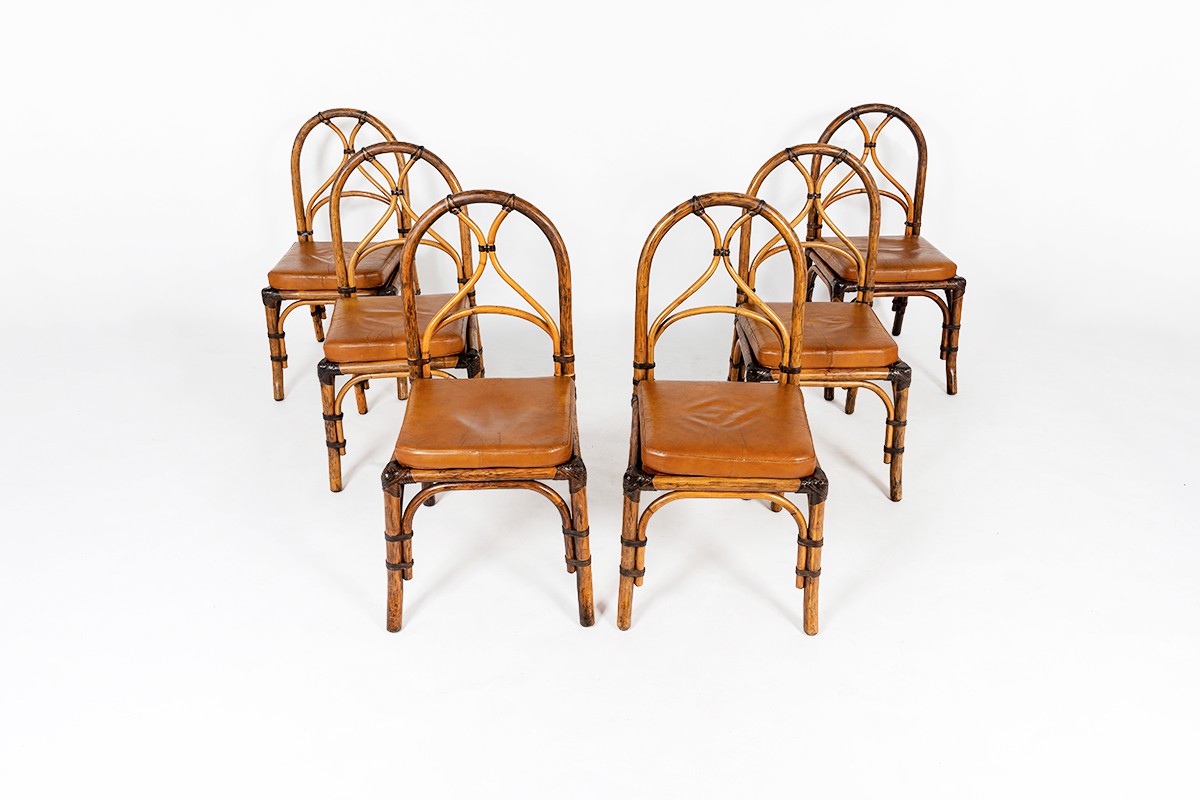 Chairs in rattan and brown leather cushion 1950 set of 6