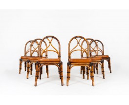 Chaises en rotin et coussin cuir marron 1950 set de 6