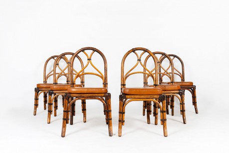 Chaises en rotin et coussin cuir marron 1950 set de 6