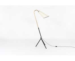 Tripod floor lamp rounded black metal arm black and beige lampshade minimalist design 1950