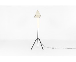 Tripod floor lamp rounded black metal arm black and beige lampshade minimalist design 1950