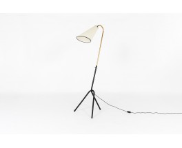 Tripod floor lamp rounded black metal arm black and beige lampshade minimalist design 1950