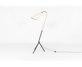 Tripod floor lamp rounded black metal arm black and beige lampshade minimalist design 1950