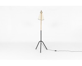 Tripod floor lamp rounded black metal arm black and beige lampshade minimalist design 1950