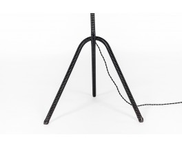 Tripod floor lamp rounded black metal arm black and beige lampshade minimalist design 1950