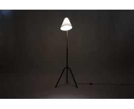 Tripod floor lamp rounded black metal arm black and beige lampshade minimalist design 1950