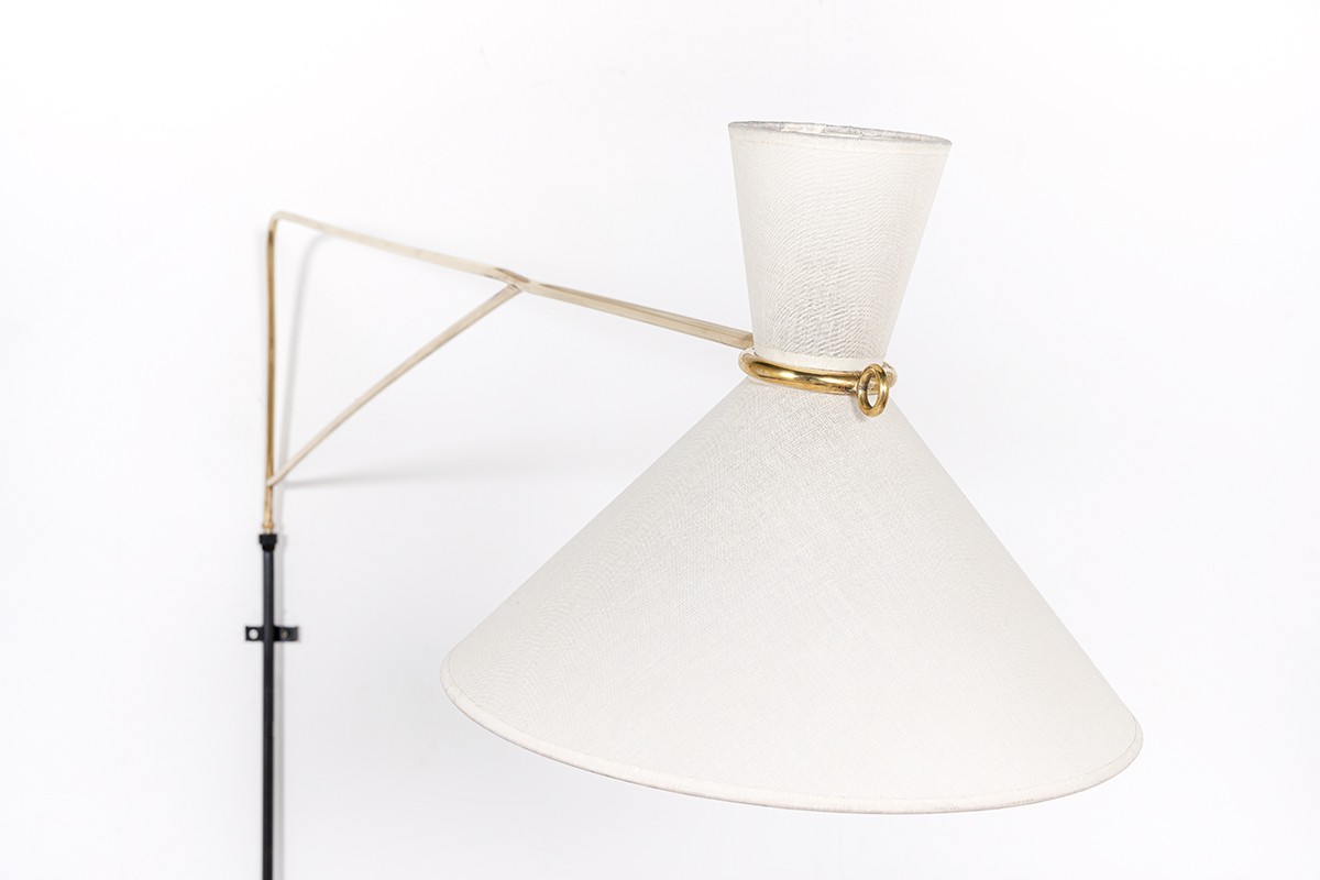 Wall lamp large model in black metal, brass and diabolo lampshade 1950