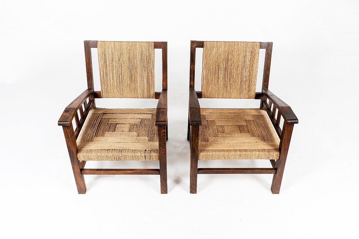 Francis Jourdain armchairs in oak and rope 1930 set de 2
