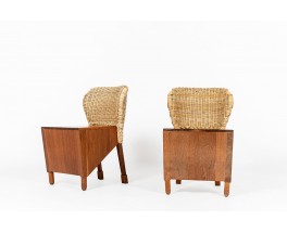 Chairs in mahogany and woven rattan 1950 set of 2