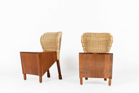 Chairs in mahogany and woven rattan 1950 set of 2