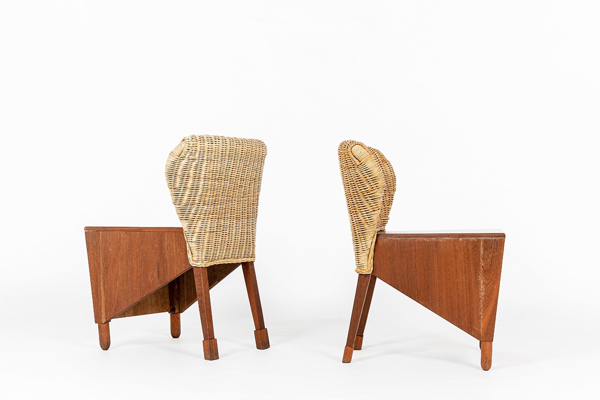 Chairs in mahogany and woven rattan 1950 set of 2