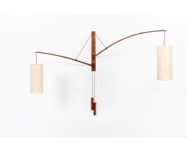 Rupprecht Skrip wall lamp 2 arms in teak and raffia lamshade edition Skrip Leuchten 1950