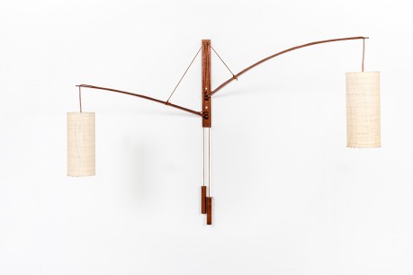 Rupprecht Skrip wall lamp 2 arms in teak and raffia lamshade edition Skrip Leuchten 1950