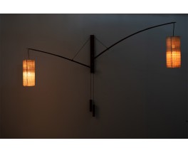 Rupprecht Skrip wall lamp 2 arms in teak and raffia lamshade edition Skrip Leuchten 1950