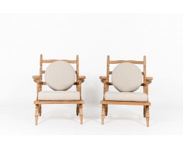 Fauteuils en chêne et coussin en lin 1950 set de 2