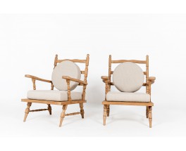 Fauteuils en chêne et coussin en lin 1950 set de 2