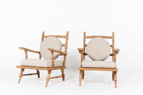 Armchairs in oak with linen cushions 1950 set of 2