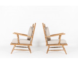 Armchairs in oak with linen cushions 1950 set of 2