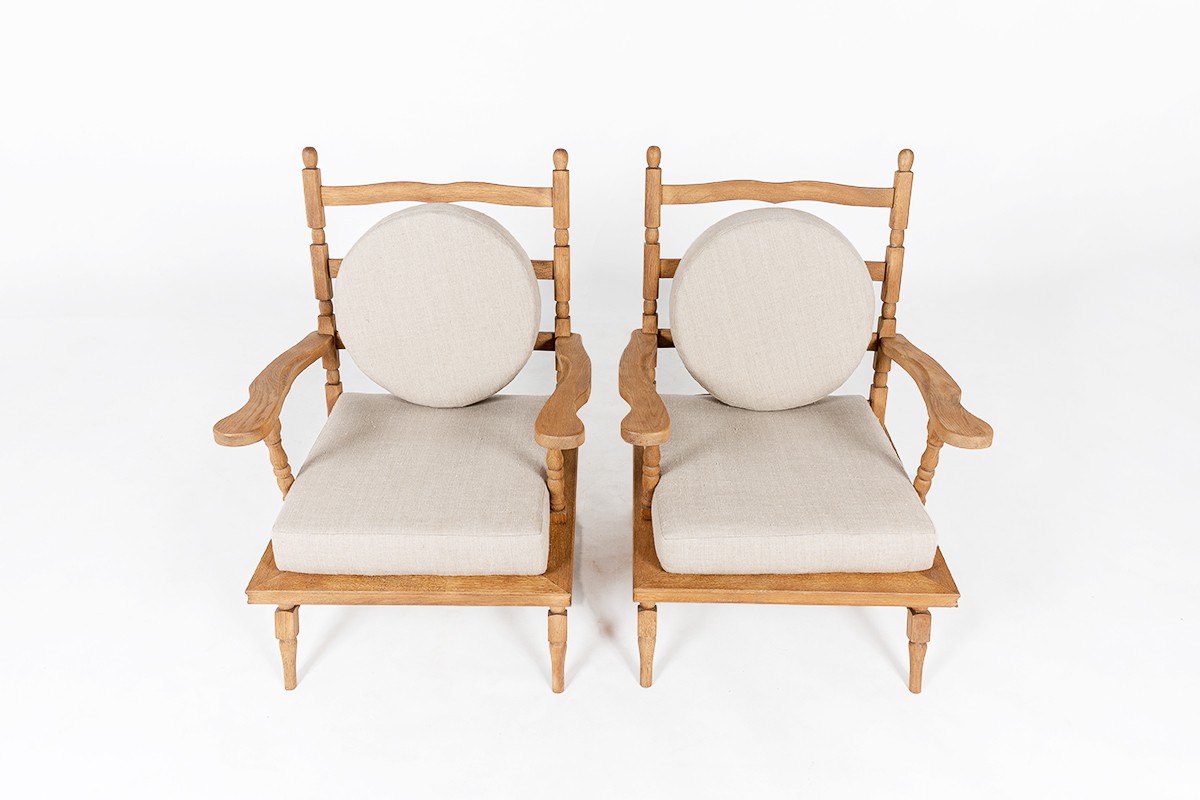 Armchairs in oak with linen cushions 1950 set of 2