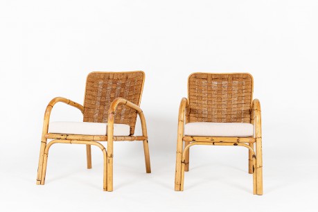 Fauteuils en rotin, corde et lin 1950 set de 2