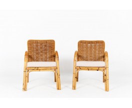 Armchairs in rattan, rope and linen 1950 set of 2