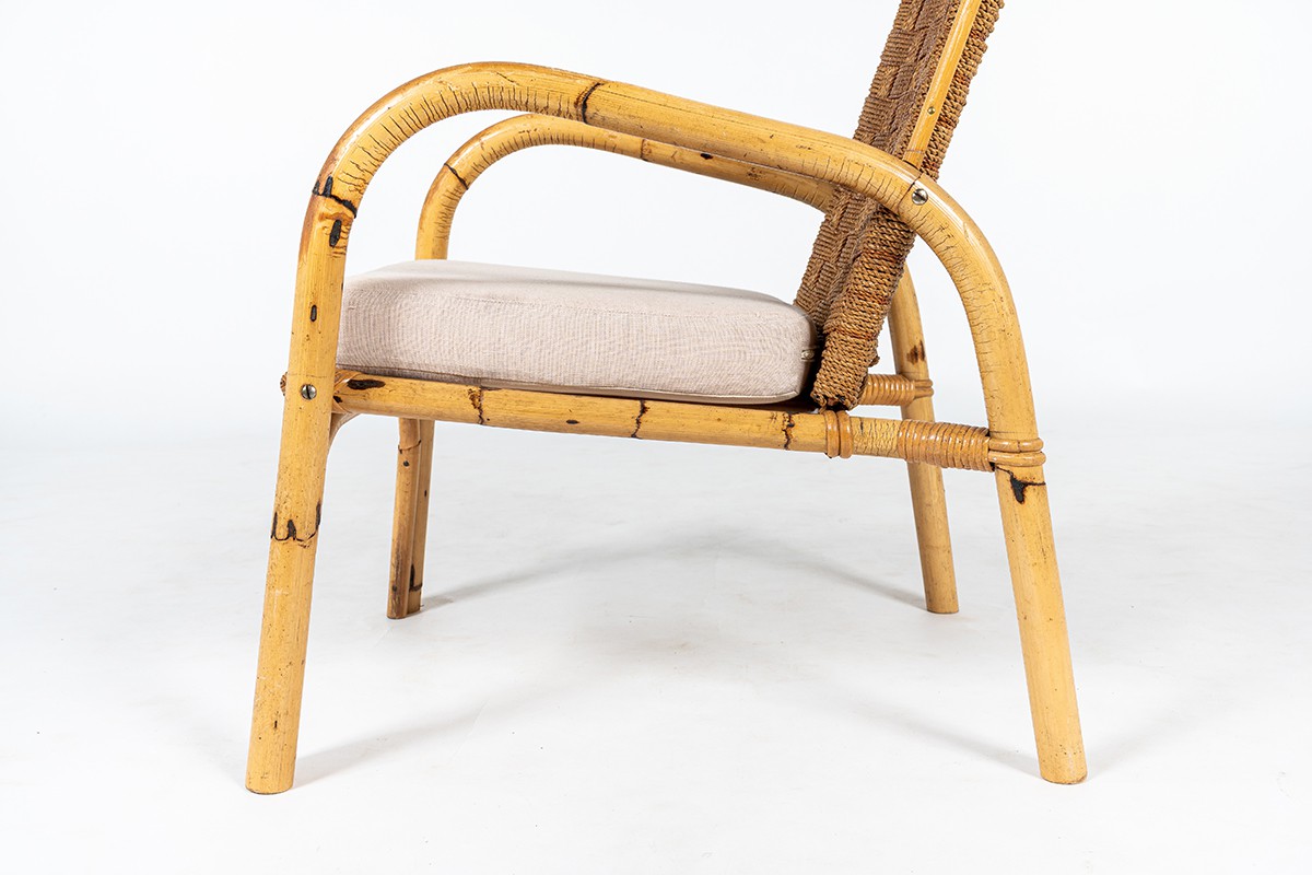 Armchairs in rattan, rope and linen 1950 set of 2