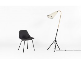 Tripod floor lamp rounded black metal arm black and beige lampshade minimalist design 1950