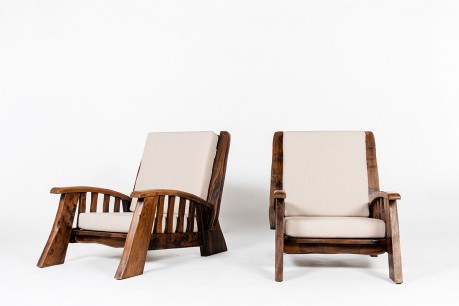 Fauteuils en chêne et lin design brutaliste 1950 set de 2
